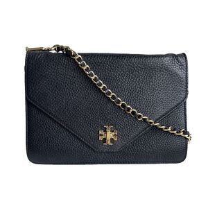 Tory Burch Kira Envelope Crossbody Bag Black Pebbled Leather Gold Chain